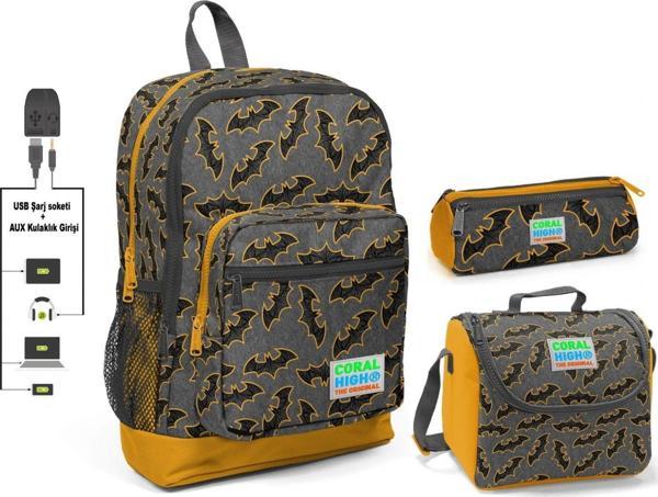 Coral High Yarasa Baskılı Erkek Çocuk İlkokul Çanta Seti - USB Çıkışlı - Image 1