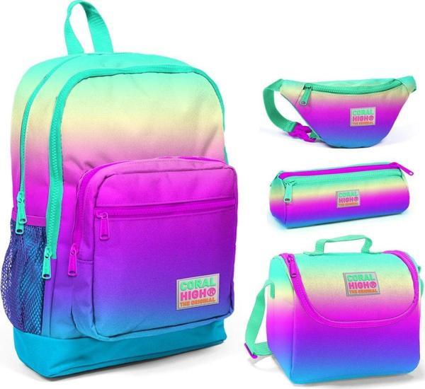 Coral High Rengarenk Baskılı Kız Çocuk 4'lü İlkokul Çanta Seti - Image 1