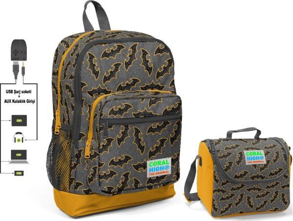 Coral High Yarasa Baskılı Okul Çantası ve Beslenme Çantası Seti - Erkek Çocuk - USB Soketli - Image 1