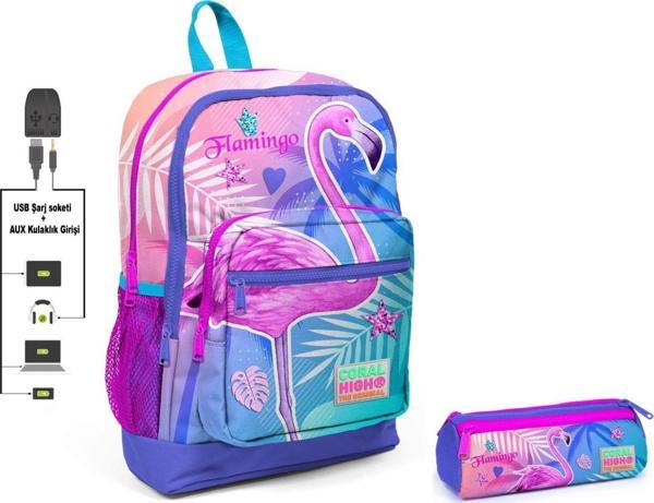 Coral High Pembe Flamingo Baskılı İlkokul Sırt Çantası ve Kalemlik Seti - Kız Çocuk - USB Soketli - Image 1