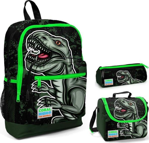Coral High Yeşil Dinazor Baskılı Erkek Çocuk 3'lü İlkokul Çanta Seti - Image 1