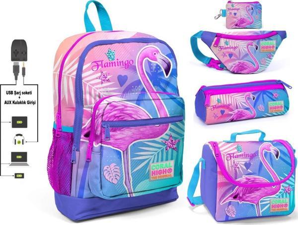 Coral High Pembe Flamingo Baskılı Kız Çocuk İlkokul 5'li Çanta Seti - USB Soketli - Image 1