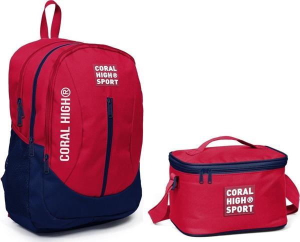 Coral High Sport Kırmızı Lacivert Okul Sırt Çantası Beslenme Seti - USB Çıkışlı - Image 1
