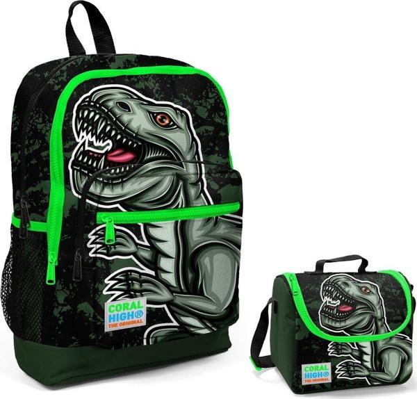 Coral High Yeşil Dinazor Baskılı Erkek Çocuk İlkokul Çantası ve Beslenme Seti - Image 1