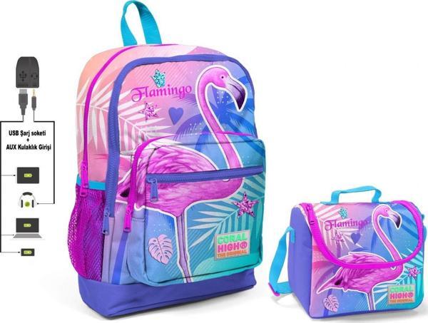 Coral High Pembe Flamingo Baskılı Okul Çantası ve Beslenme Çantası Seti - Kız Çocuk - USB Soketli - Image 1