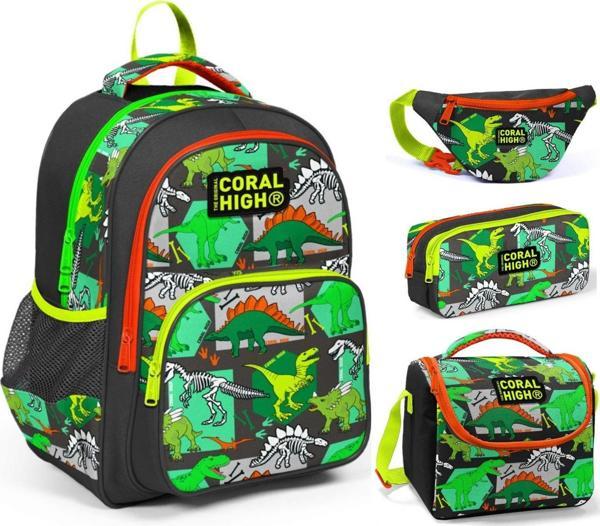 Coral High Yeşil Dinazor Erkek Çocuk Üçlü Okul Çantası ve Bel Çantası Seti - Image 1