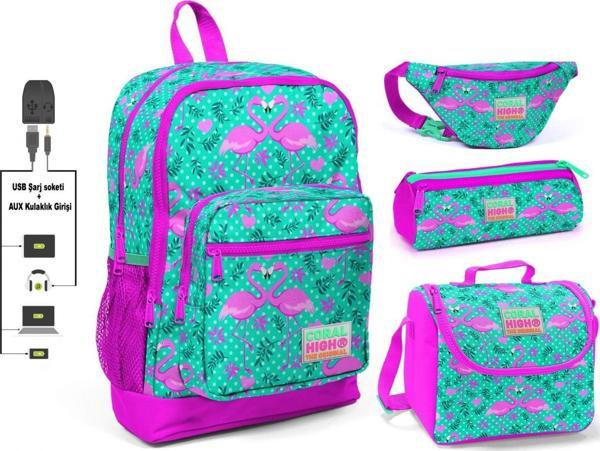 Coral High Yeşil Flamingo Baskılı 4'lü Kız Çocuk İlkokul Çanta Seti - USB Soketli - Image 1