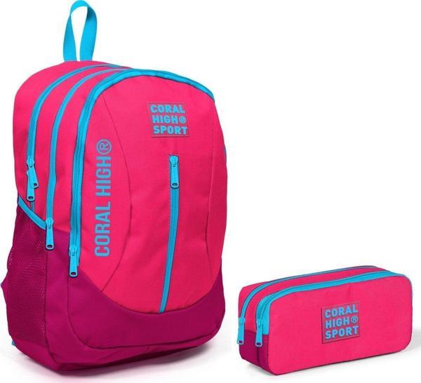 Coral High Sport Pembe Kırmızı Okul Çantası ve Kalemlik Seti - Kız Çocuk - USB Soketli - Image 1