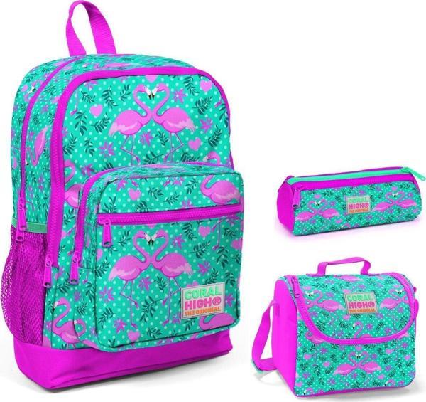 Coral High Yeşil Flamingo Baskılı Kız Çocuk 3'lü İlkokul Çanta Seti - Image 1