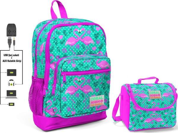 Coral High Yeşil Flamingo Baskılı Okul Çantası ve Beslenme Çantası Seti - Kız Çocuk - USB Soketli - Image 1
