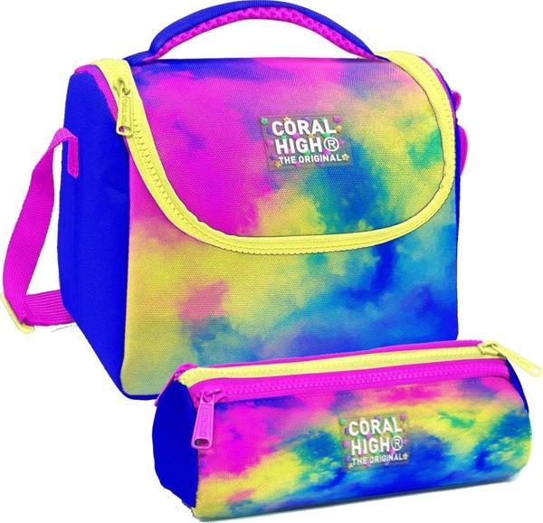Coral High Renkli Batik Desenli Kız Çocuk Isı Yalıtımlı Beslenme Çantası ve Kalemlik Seti - Image 1