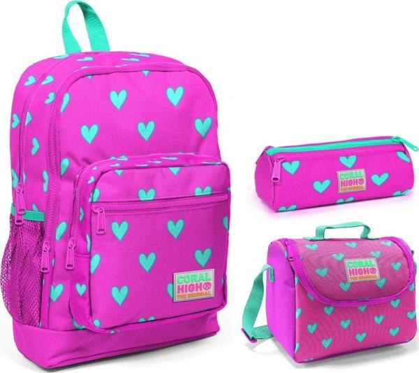 Coral High Pembe Kalp Baskılı Kız Çocuk 3'lü İlkokul Çanta Seti - Image 1