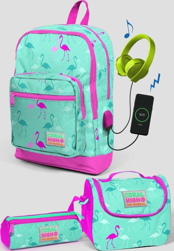 Coral High Yeşil Flamingo Desenli Okul Çanta Seti - Kız Çocuk - Image 1