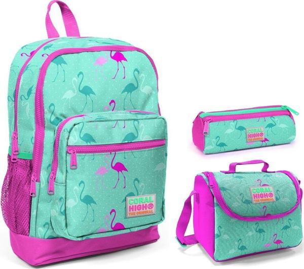 Coral High Yeşil Flamingo Kız Çocuk 3'lü İlkokul Çanta Seti - Image 1