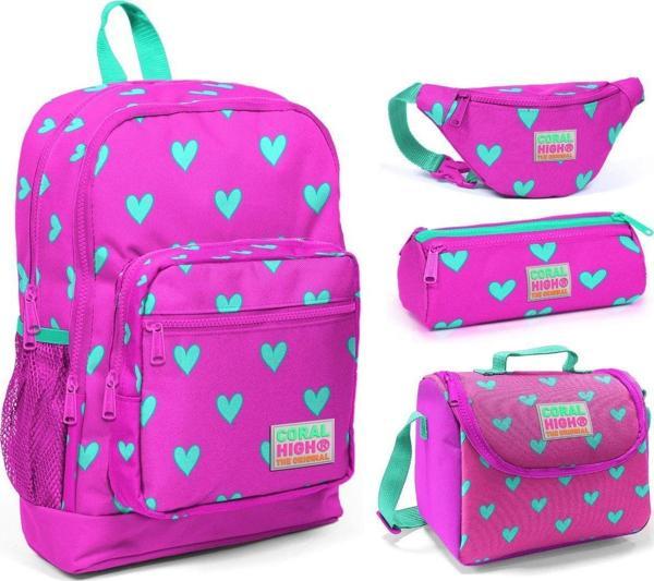 Coral High Pembe Kalp Baskılı Kız Çocuk 4'lü İlkokul Çanta Seti - Image 1
