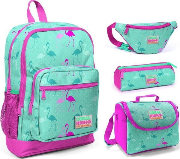 Coral High Yeşil Flamingo Kız Çocuk 4'lü İlkokul Çanta Seti - Image 1