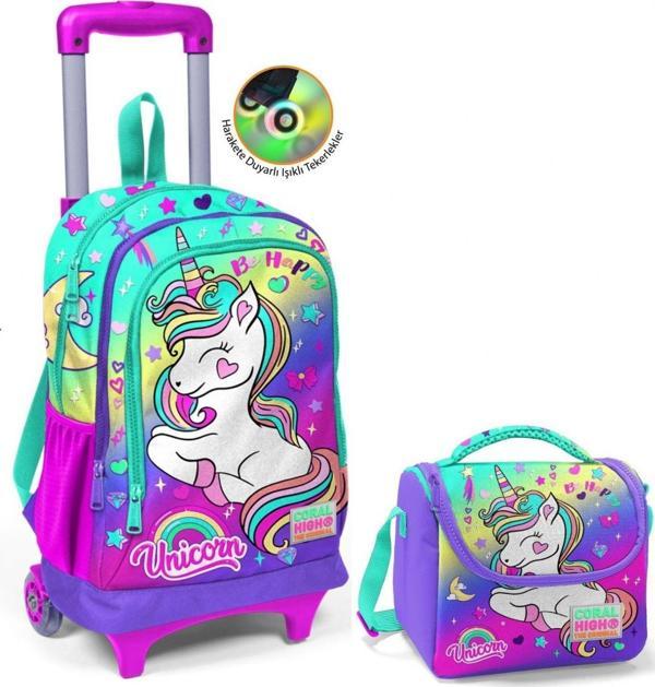 Coral High Su Yeşili Lavanta Unicorn Çekçek Okul Çantası ve Beslenme Seti - Işıklı Tekerlekler - Kız Çocuk - Image 1