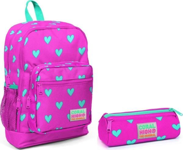 Coral High Pembe Kalp Desenli Okul Sırt Çantası ve Kalemlik Seti - Kız Çocuk - Image 1