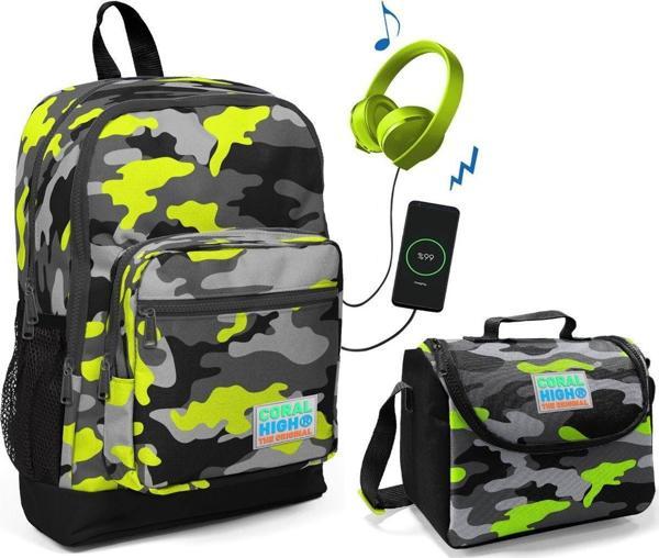 Coral High Yeşil Kamuflaj Okul Çantası ve Beslenme Çantası Seti - Erkek Çocuk - USB Soketli - Image 1