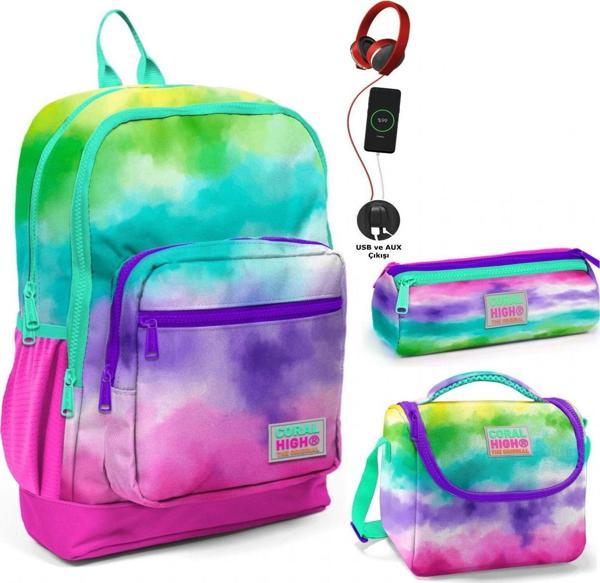 Coral High Renkli Boyama USB Soketli Üçlü İlkokul Çanta Seti - Kız Çocuk - Image 1