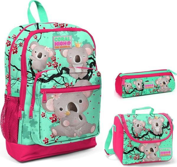 Coral High Yeşil Koala Baskılı Kız Çocuk 3'lü İlkokul Çanta Seti - Image 1