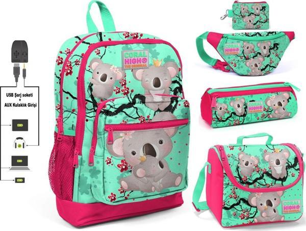 Coral High Yeşil Koala Baskılı Kız Çocuk İlkokul 5'li Çanta Seti - USB Soketli - Image 1