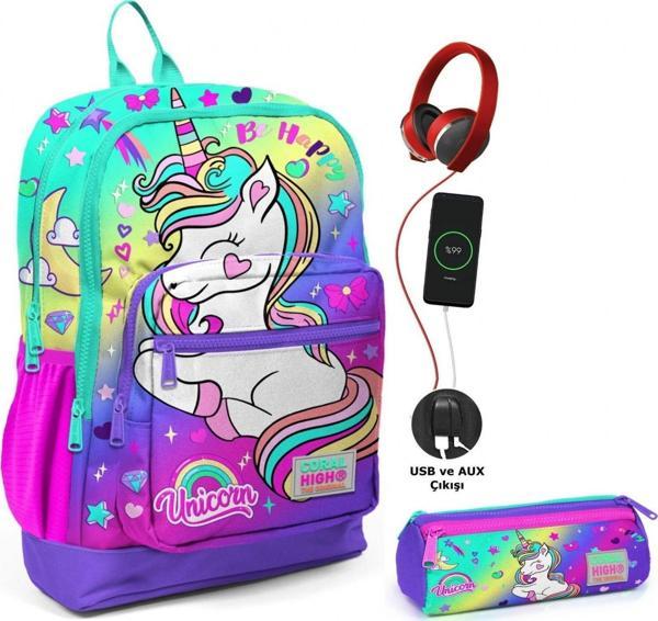 Coral High Su Yeşili Lavanta Unicorn USB Soketli Okul Çantası ve Kalemlik Seti - Kız Çocuk - Image 1