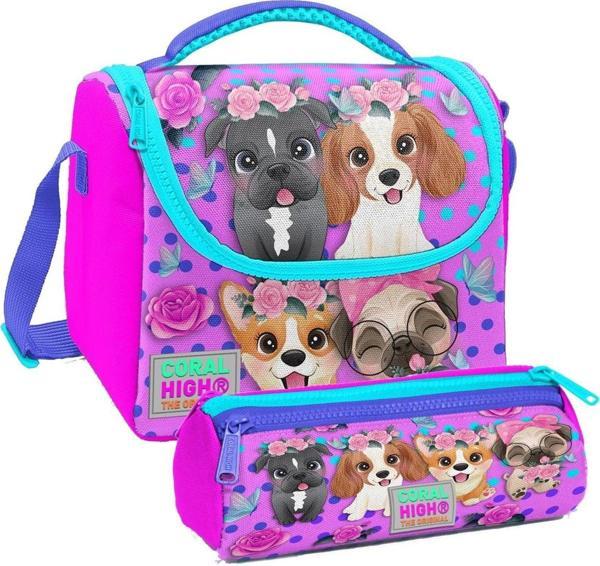 Coral High Pembe Köpek Desenli Kız Çocuk Isı Yalıtımlı Beslenme Çantası ve Kalemlik Seti - Image 1