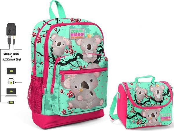 Coral High Yeşil Koala Baskılı Okul Çantası ve Beslenme Çantası Seti - Kız Çocuk - USB Soketli - Image 1