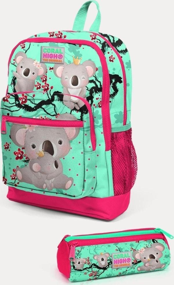 Coral High Su Yeşili Neon Koala Desenli 2'li Okul Çanta Seti - Kız Çocuk - Image 1