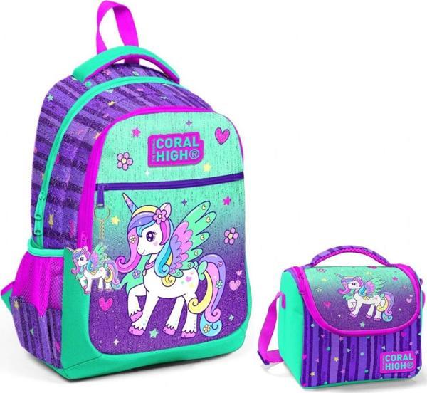 Coral High Yeşil Mor Pegasus Okul Sırt ve Beslenme Çantası Seti - Kız Çocuk - Image 1