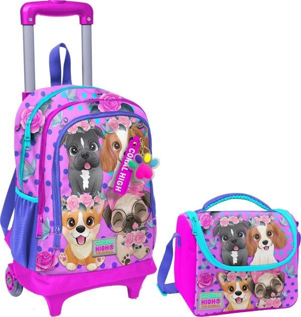Coral High Pembe Köpek Işıklı Tekerlekli Okul Çantası ve Beslenme Seti - Kız Çocuk - Image 1