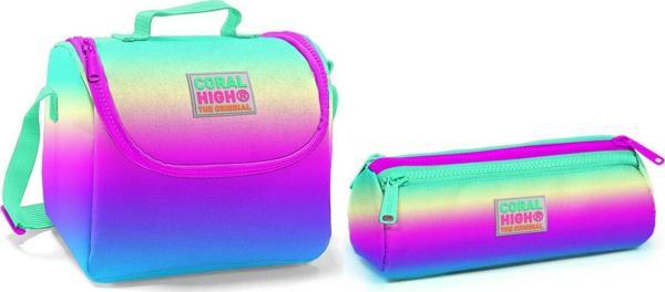 Coral High Yeşil- Mor-Pembe-Sarı Kız Çocuk Beslenme Çantası ve Kalemlik Seti - Thermo - Image 1
