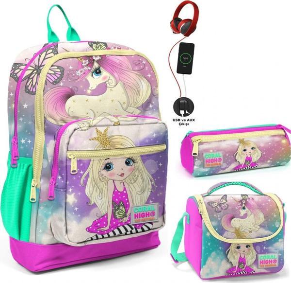 Coral High Su Yeşili Unicorn USB Soketli Üçlü İlkokul Çanta Seti - Kız Çocuk - Image 1