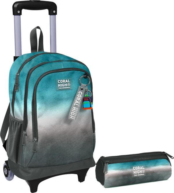 Coral High Turkuaz Gri Batik Işıklı Tekerlekli Çekçek Çanta ve Kalemlik Seti - Erkek Çocuk - Image 1