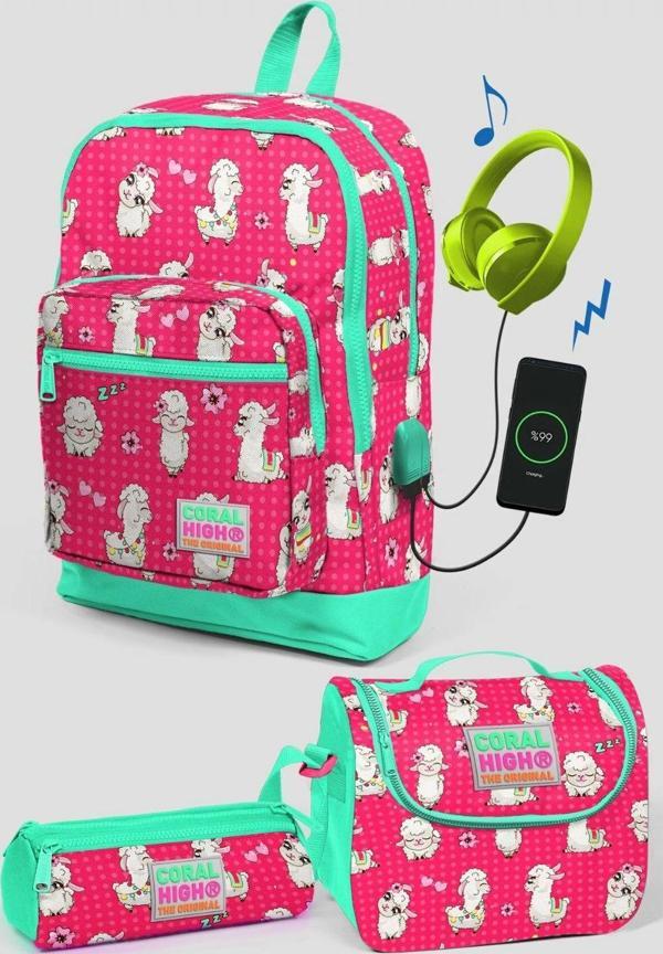 Coral High Pembe Lama Desenli Okul Çanta Seti - Kız Çocuk - Image 1