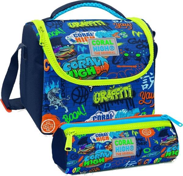 Coral High Saks Grafiti Desenli Erkek Çocuk Isı Yalıtımlı Beslenme Çantası ve Kalemlik Seti - Image 1