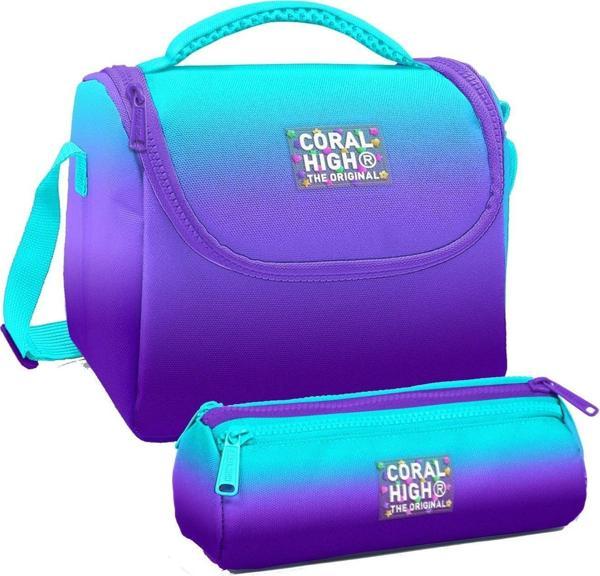 Coral High Turkuaz Mor Renk Geçişli Desenli Erkek Çocuk Isı Yalıtımlı Beslenme Çantası ve Kalemlik Seti - Image 1