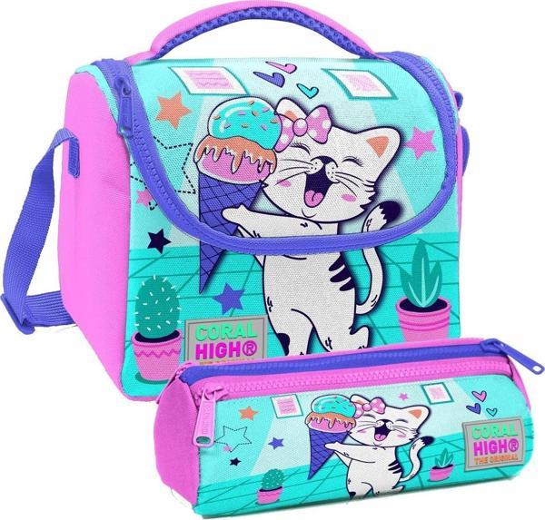 Coral High Turkuaz Pembe Dondurmalı Kedi Desenli Kız Çocuk Isı Yalıtımlı Beslenme Çantası ve Kalemlik Seti - Image 1