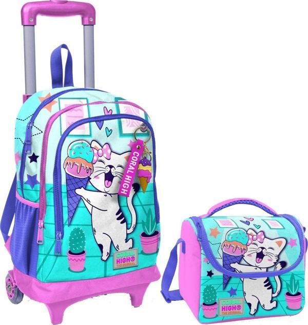 Coral High Turkuaz Pembe Dondurmalı Kedi Işıklı Tekerlekli Okul Çantası ve Beslenme Seti - Kız Çocuk - Image 1