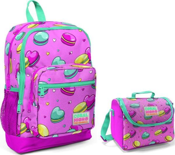 Coral High Pembe Makaron Baskılı Kız Çocuk İlkokul Çantası ve Beslenme Seti - Image 1