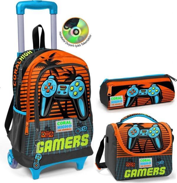 Coral High Turuncu Gamers Çekçek Okul Çantası Seti - Işıklı Tekerlekler - Erkek Çocuk - Image 1