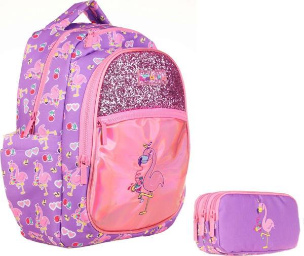 Kaukko Aynalı Taşlı Flamingo Okul Sırt Çantası ve Kalemlik Seti - Kız Çocuk - Image 1