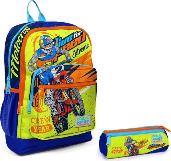 Coral High Sarı Mavi Motorsiklet İlkokul Sırt Çantası ve Kalemlik Seti - Image 1