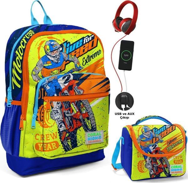 Coral High Sarı Mavi Motorsiklet Okul ve Beslenme Çantası Seti - Usb Soketli - Erkek Çocuk - Image 1
