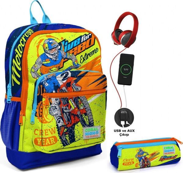 Coral High Sarı Mavi Motorsiklet USB Soketli Okul Çantası ve Kalemlik Seti - Erkek Çocuk - Image 1