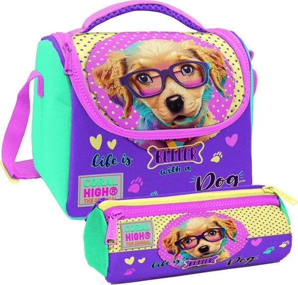 Coral High Sarı Pembe Sevimli Köpek Desenli Kız Çocuk Isı Yalıtımlı Beslenme Çantası ve Kalemlik Seti - Image 1
