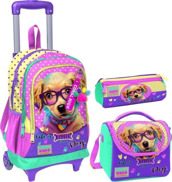 Coral High Sarı Pembe Sevimli Köpek Üçlü Çekçek Işıklı Tekerlekli Çanta Seti - Kız Çocuk - Image 1