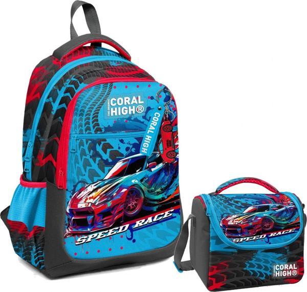 Coral High Üç Gözlü İlkokul Çantası ve Beslenme Çantası - Gri Mavi Yarış Arabası Desenli - Erkek Çocuk - Image 1