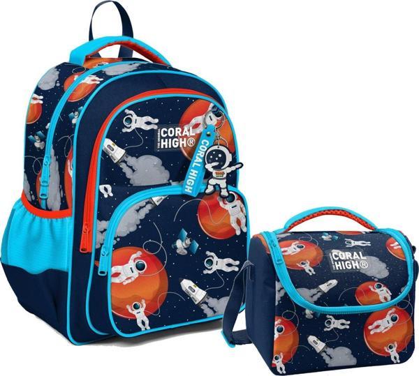 Coral High Üç Gözlü İlkokul Çantası ve Beslenme Çantası - Lacivert Mavi Astronot Desenli - Erkek Çocuk - Image 1